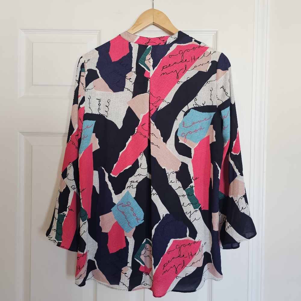 NIC+ZOE Womens Navy Printed Split Wear To Work Blouse Small - Picture 4 of 9